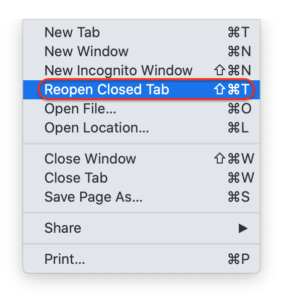 Recover Closed Chrome Tab on Mac Shift-Command-T
