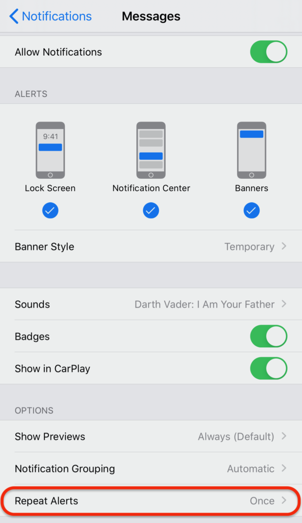iOS Messages App Notifications Settings incl. Repeat Alerts