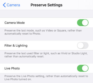 iOS Settings - Camera - Preserve Settings