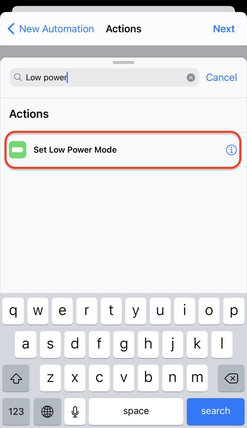 how to put low battery mode on iphone shortcut