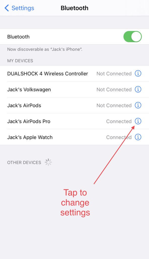 Getting to AirPods Pro settings in iPhone Bluetooth settings