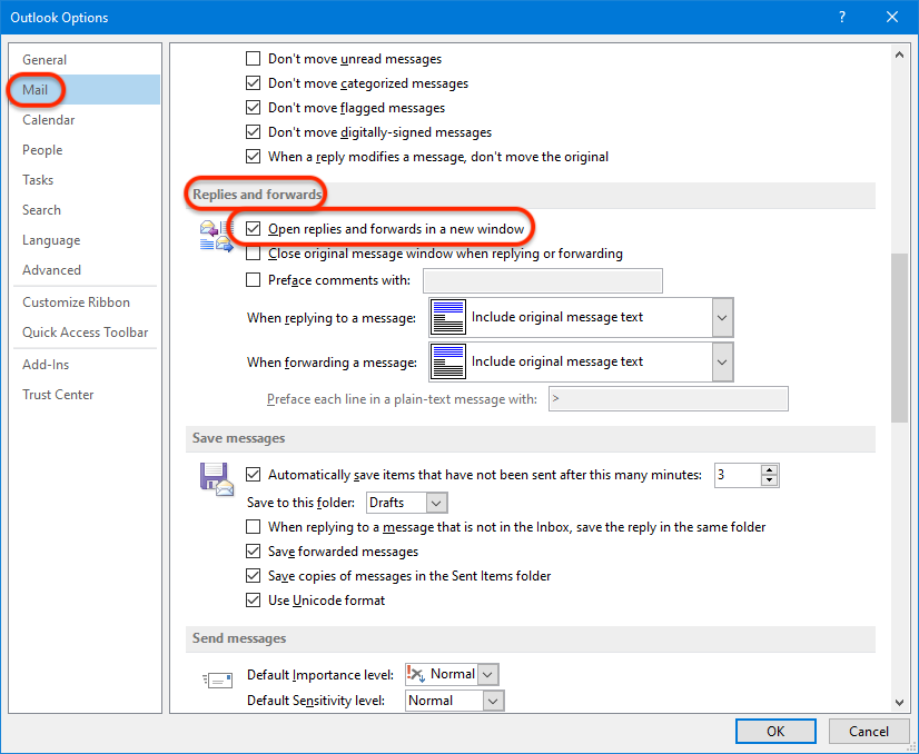 Outlook Options - Mail - Open replies and forwards in a new Outlook window
