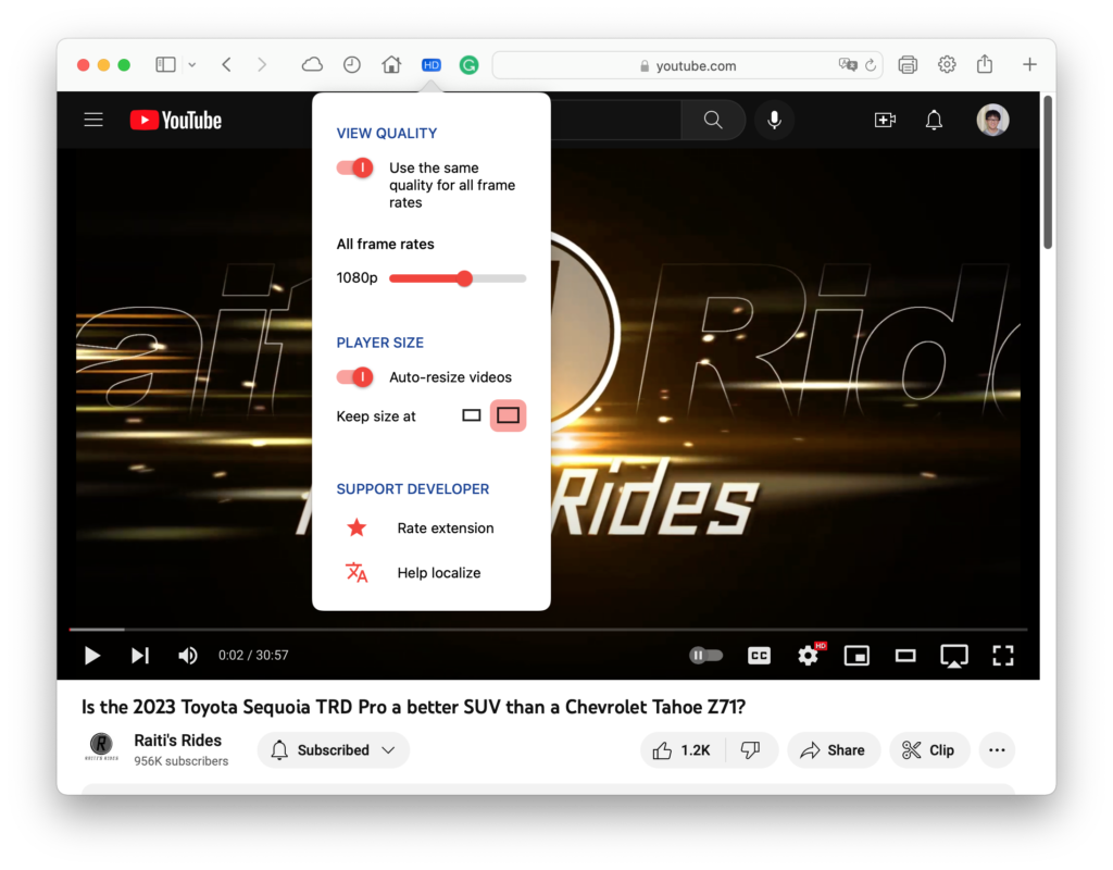 Auto HD + FPS for YouTube Extensions Settings in macOS Safari
